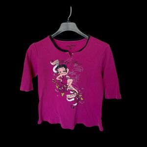 2000's Betty Boop Magenta Pink Thermal Waffle Knit Henley Y2K Top XL True Love